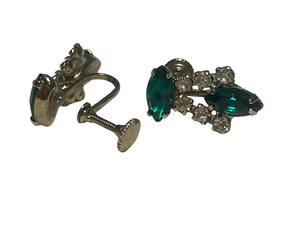 Vintage Emerald Green Navette Rhinestone Screw Back Earrings Gold Tone