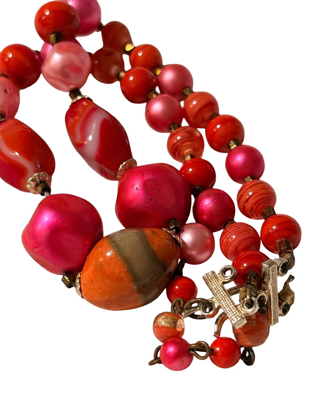 Vintage Japan Beaded Necklace Pink Red Marbled Lucite Faux Pearl Adjustable Statement Necklace