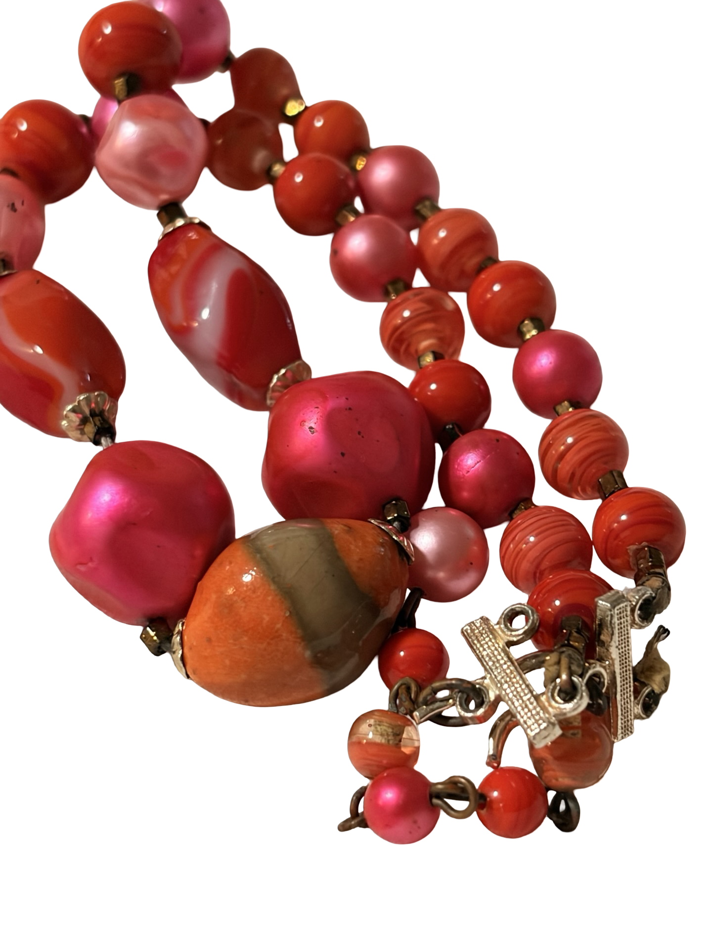 Vintage Japan Beaded Necklace Pink Red Marbled Lucite Faux Pearl Adjustable Statement Necklace