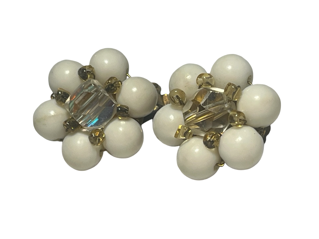 Vintage Japan White Bead &amp; Faceted Crystal Cluster Clip-On Earrings Gold Tone Mid Century