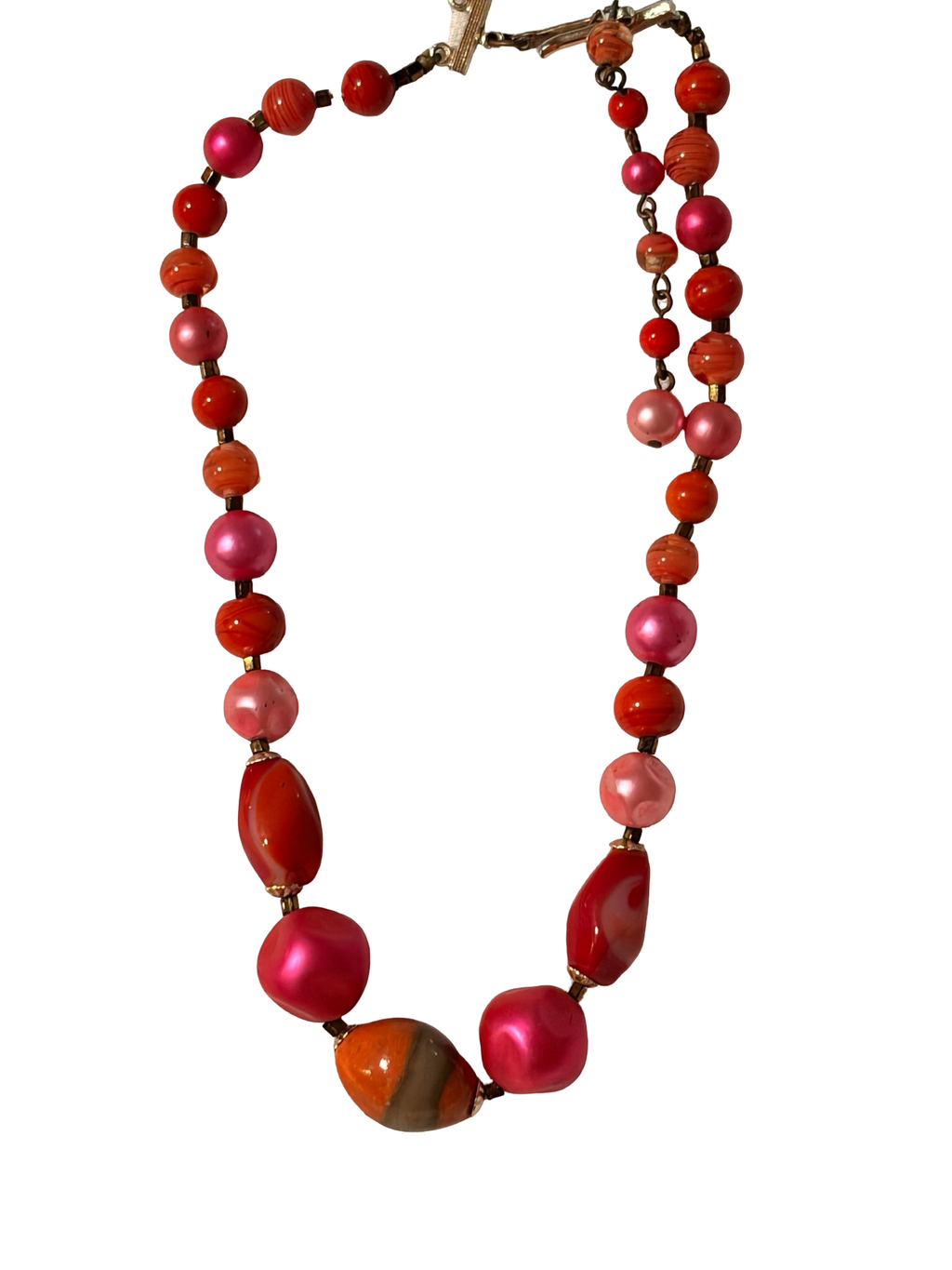 Vintage Japan Beaded Necklace Pink Red Marbled Lucite Faux Pearl Adjustable Statement Necklace