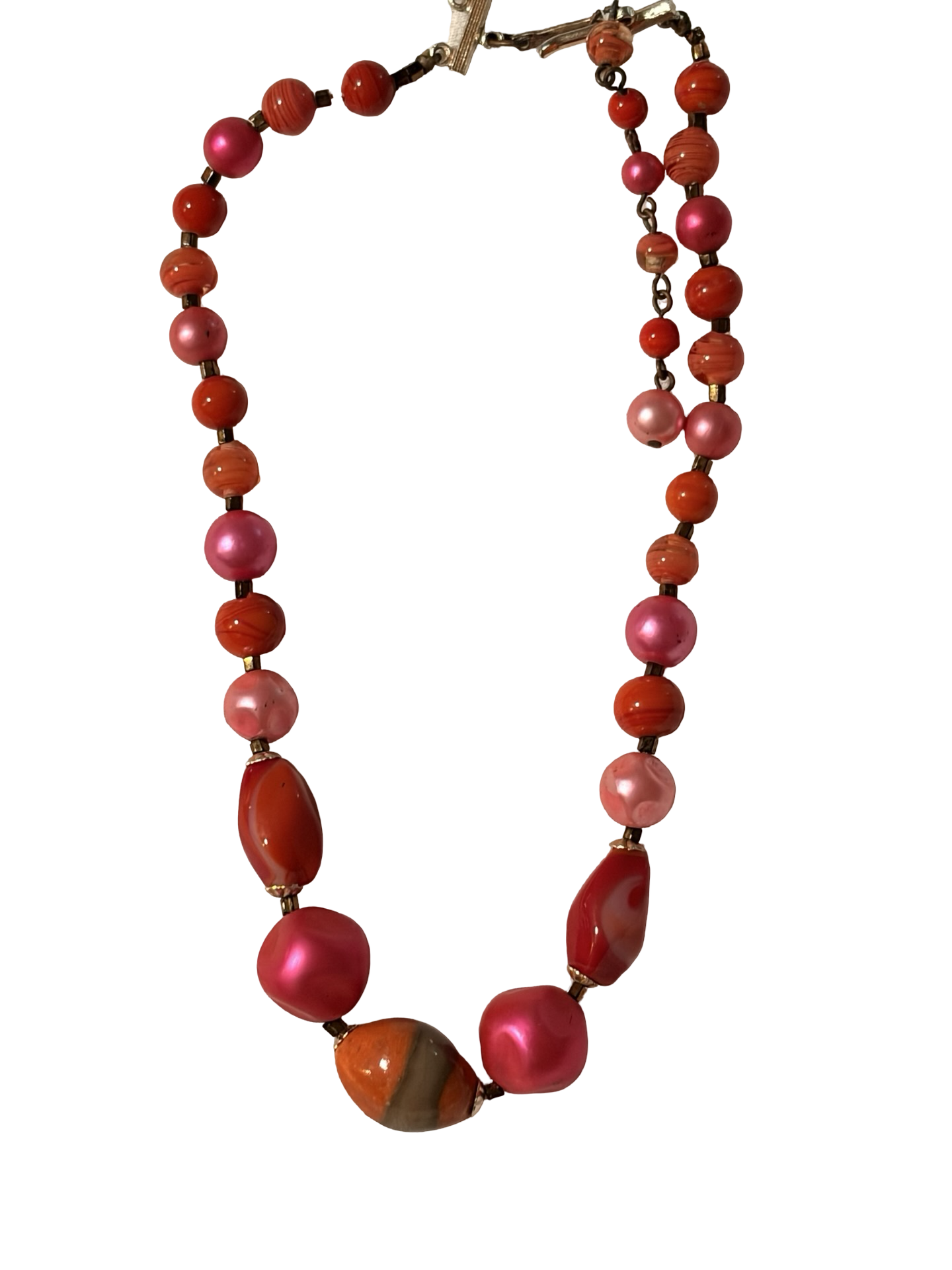 Vintage Japan Beaded Necklace Pink Red Marbled Lucite Faux Pearl Adjustable Statement Necklace