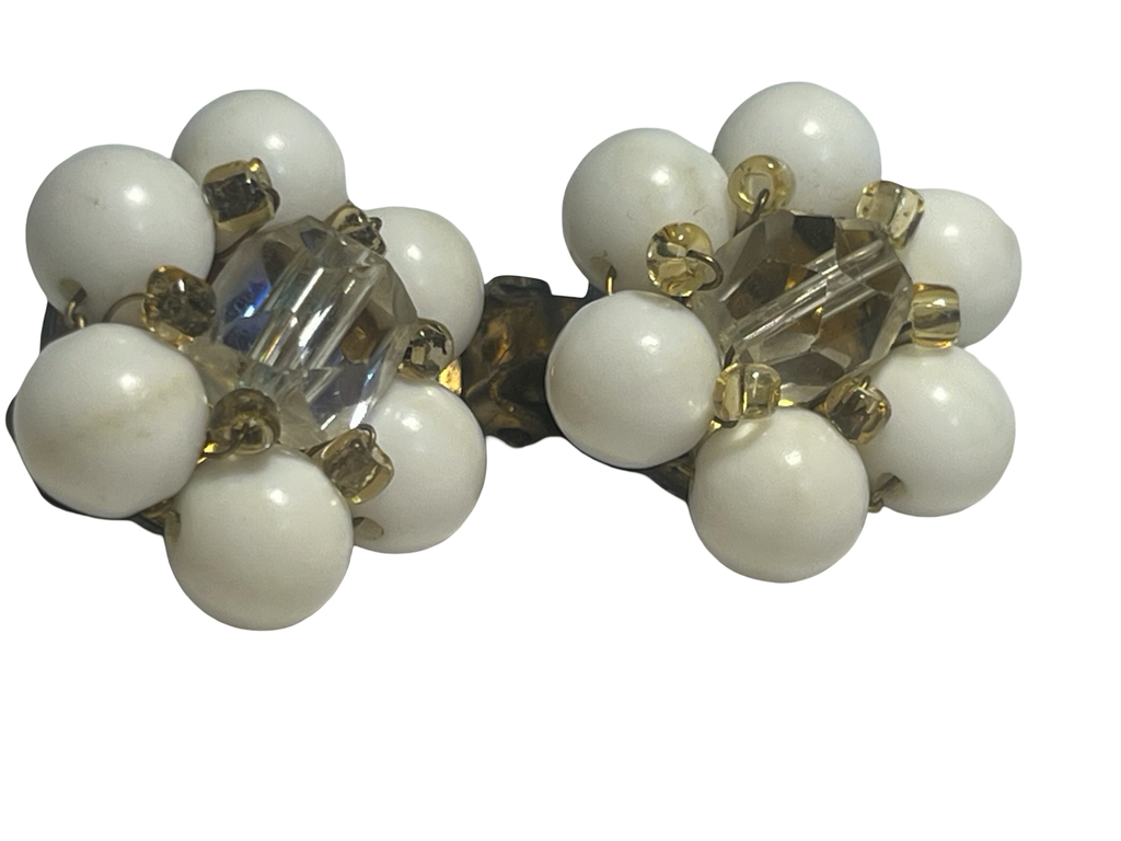 Vintage Japan White Bead &amp; Faceted Crystal Cluster Clip-On Earrings Gold Tone Mid Century
