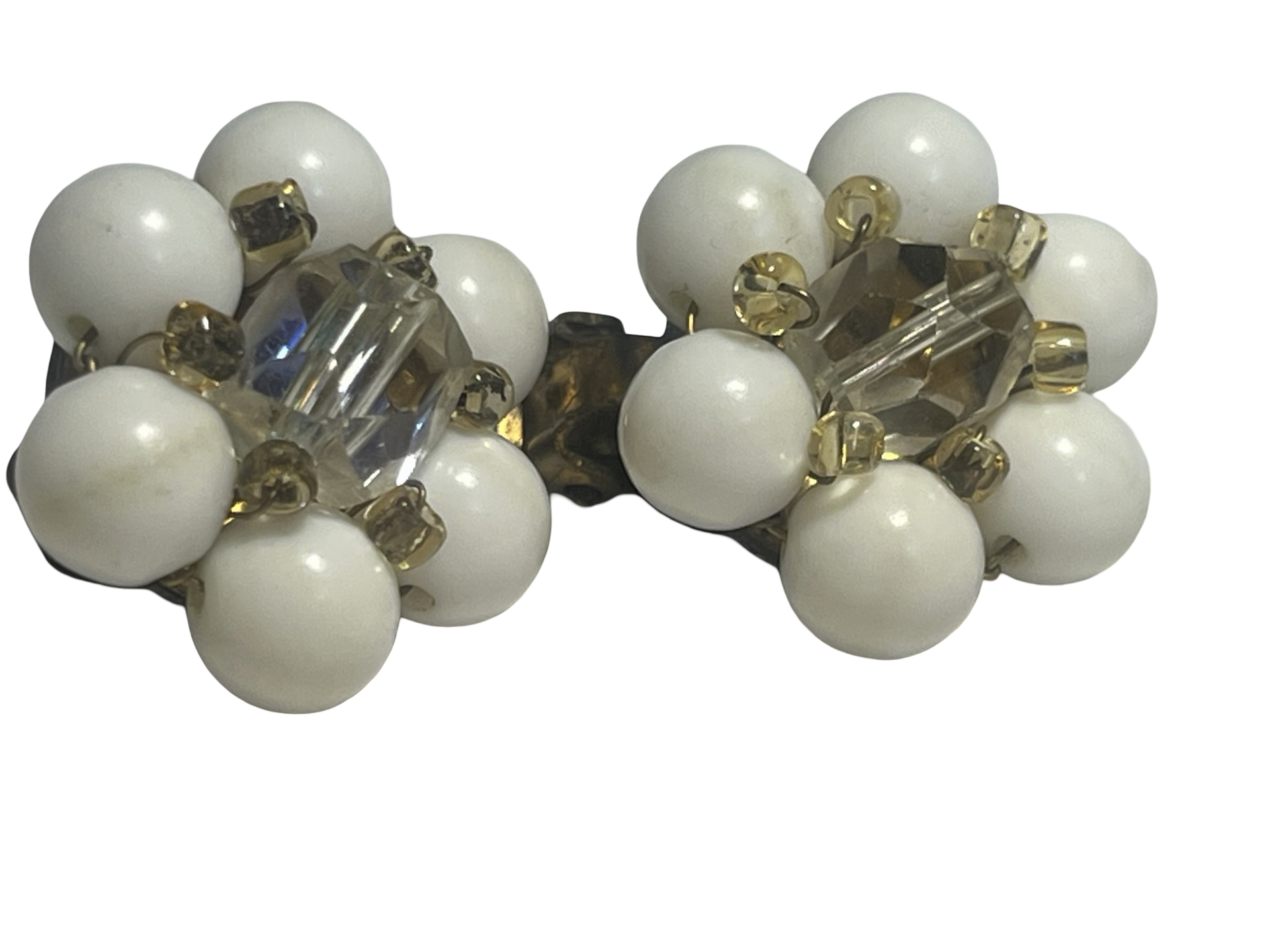 Vintage Japan White Bead &amp; Faceted Crystal Cluster Clip-On Earrings Gold Tone Mid Century