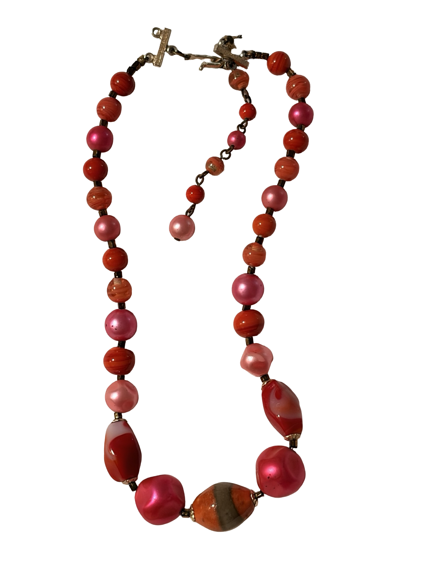 Vintage Japan Beaded Necklace Pink Red Marbled Lucite Faux Pearl Adjustable Statement Necklace