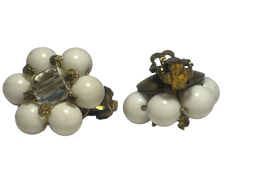 Vintage Japan White Bead &amp; Faceted Crystal Cluster Clip-On Earrings Gold Tone Mid Century