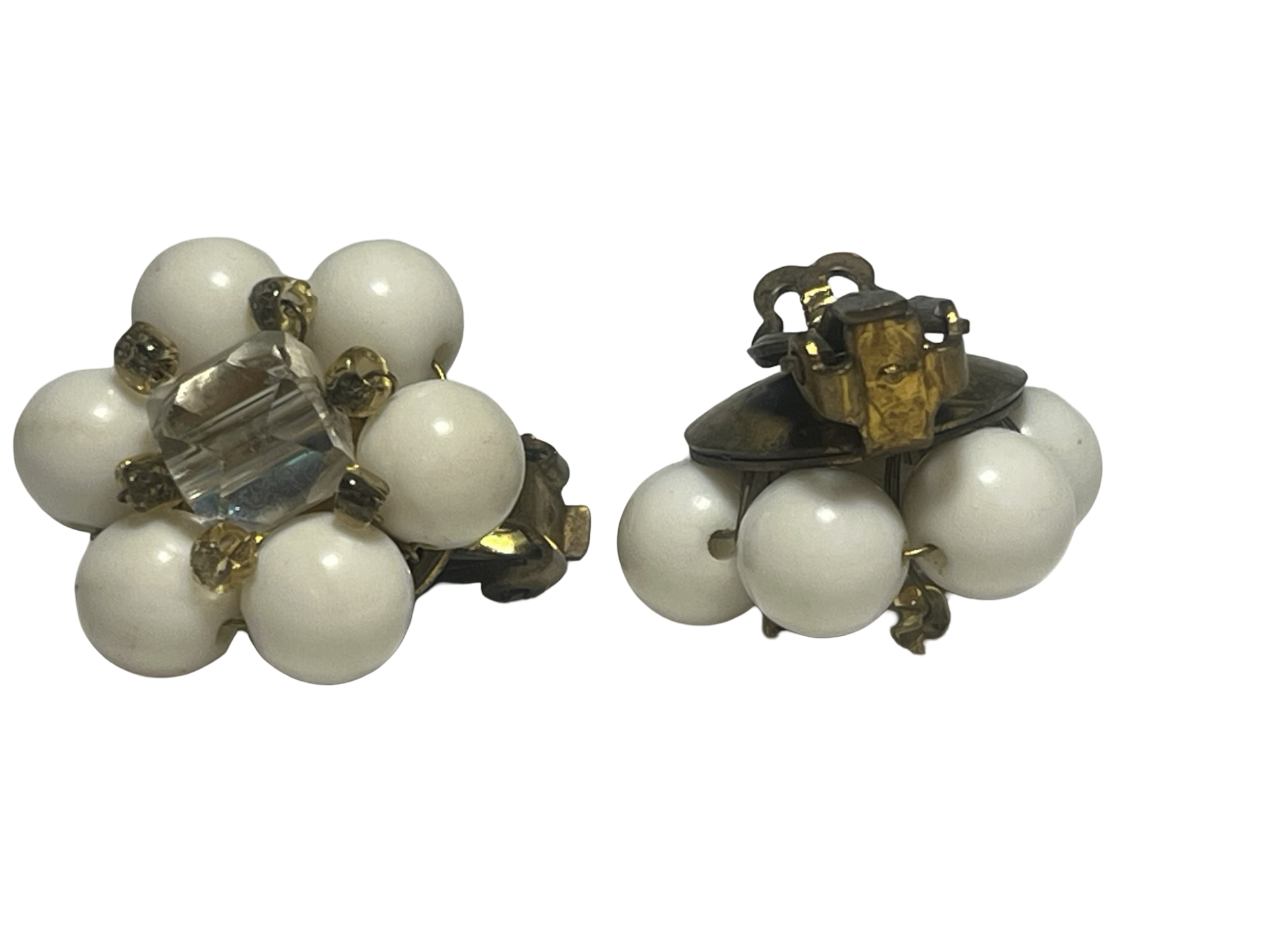 Vintage Japan White Bead &amp; Faceted Crystal Cluster Clip-On Earrings Gold Tone Mid Century