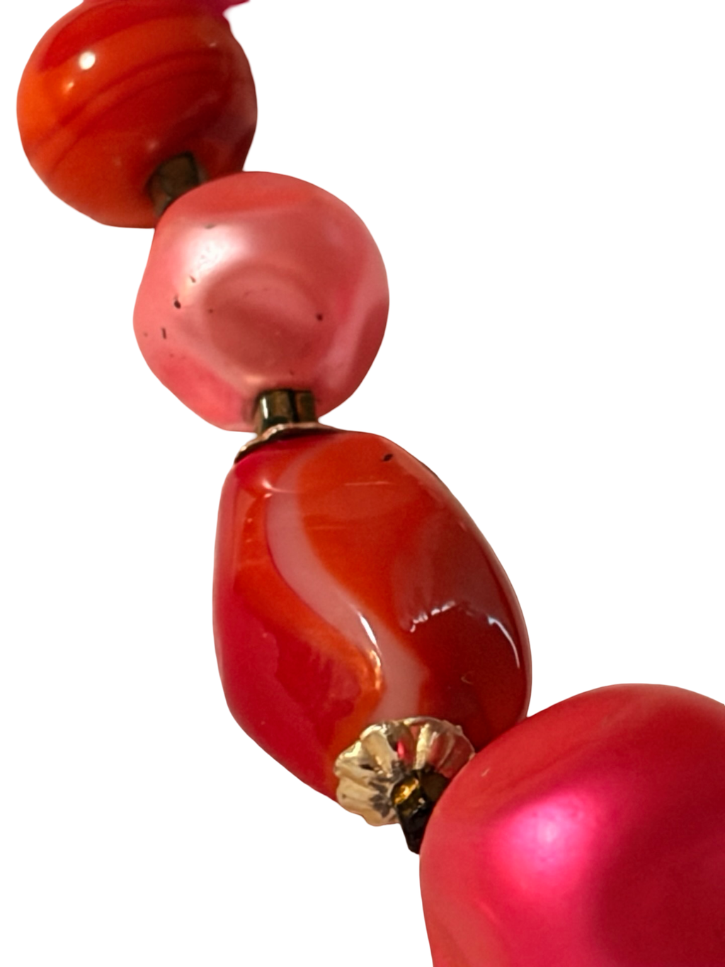 Vintage Japan Beaded Necklace Pink Red Marbled Lucite Faux Pearl Adjustable Statement Necklace