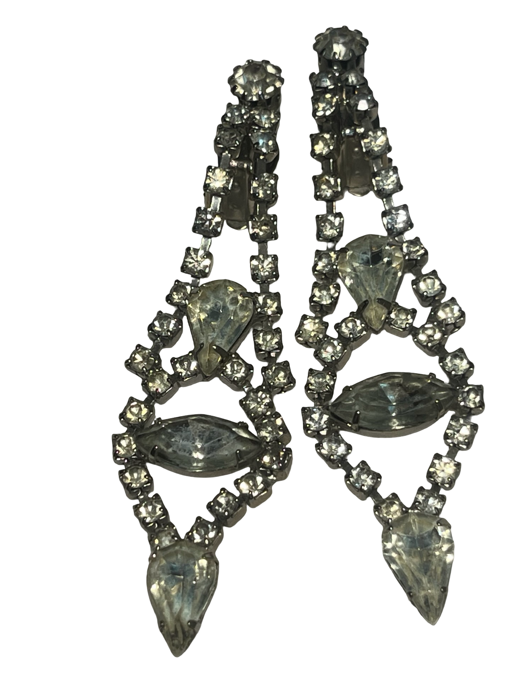 Vintage Rhinestone Dangle Clip-On Earrings Clear Marquise Glass Stones Silver Tone Mid Century