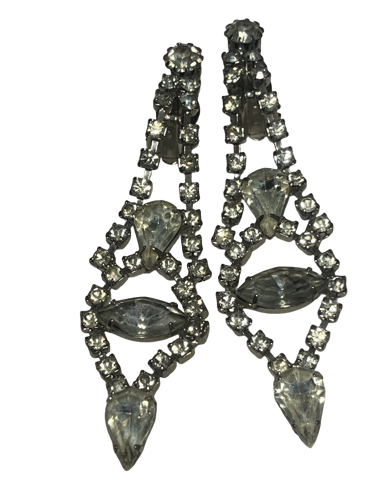 Vintage Rhinestone Dangle Clip-On Earrings Clear Marquise Glass Stones Silver Tone Mid Century