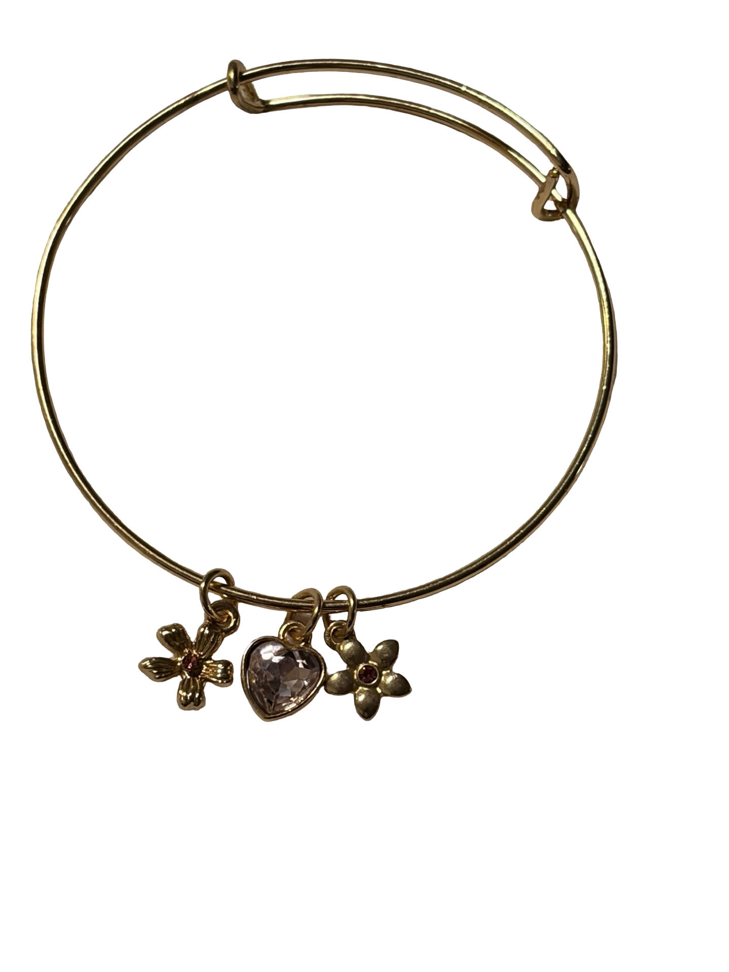 Gold Tone Charm Bangle Bracelet Pink Heart Crystal &amp; Floral Charms Dainty Fashion Jewelry