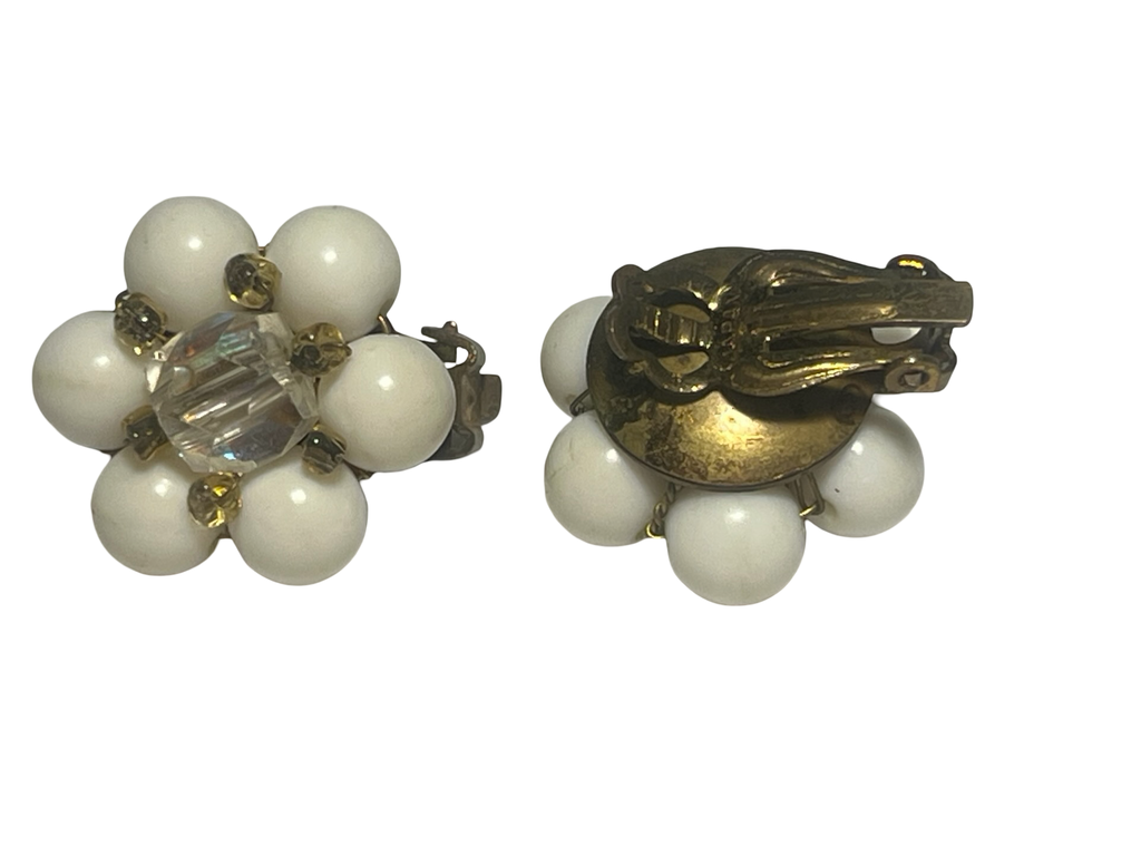 Vintage Japan White Bead &amp; Faceted Crystal Cluster Clip-On Earrings Gold Tone Mid Century