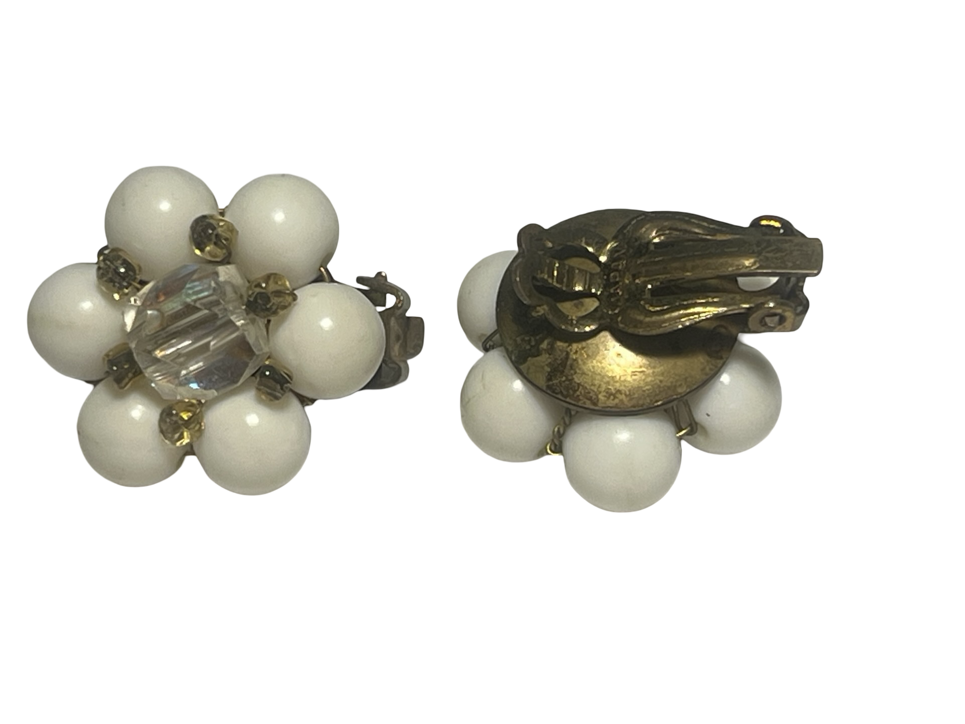 Vintage Japan White Bead &amp; Faceted Crystal Cluster Clip-On Earrings Gold Tone Mid Century