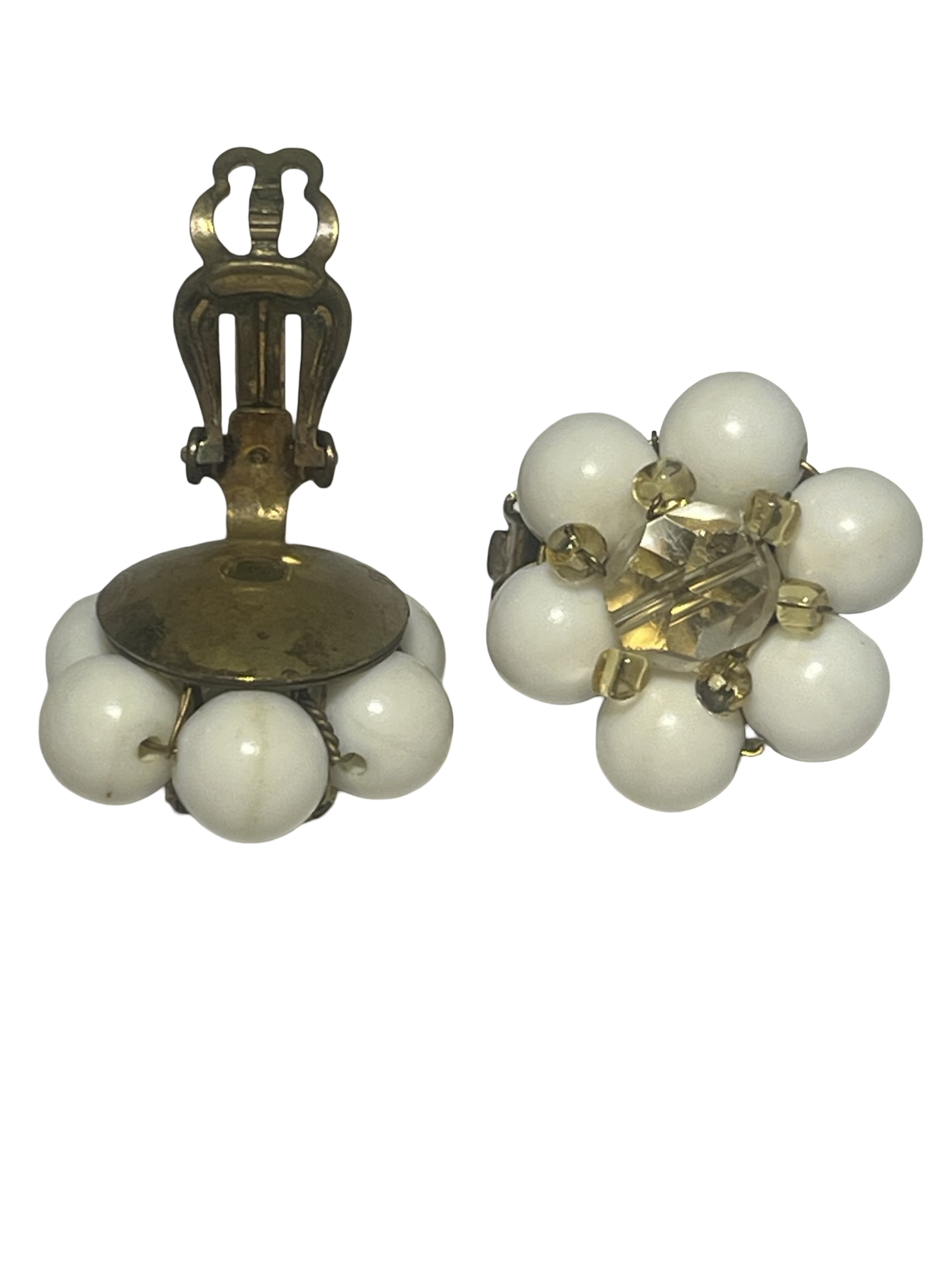 Vintage Japan White Bead &amp; Faceted Crystal Cluster Clip-On Earrings Gold Tone Mid Century