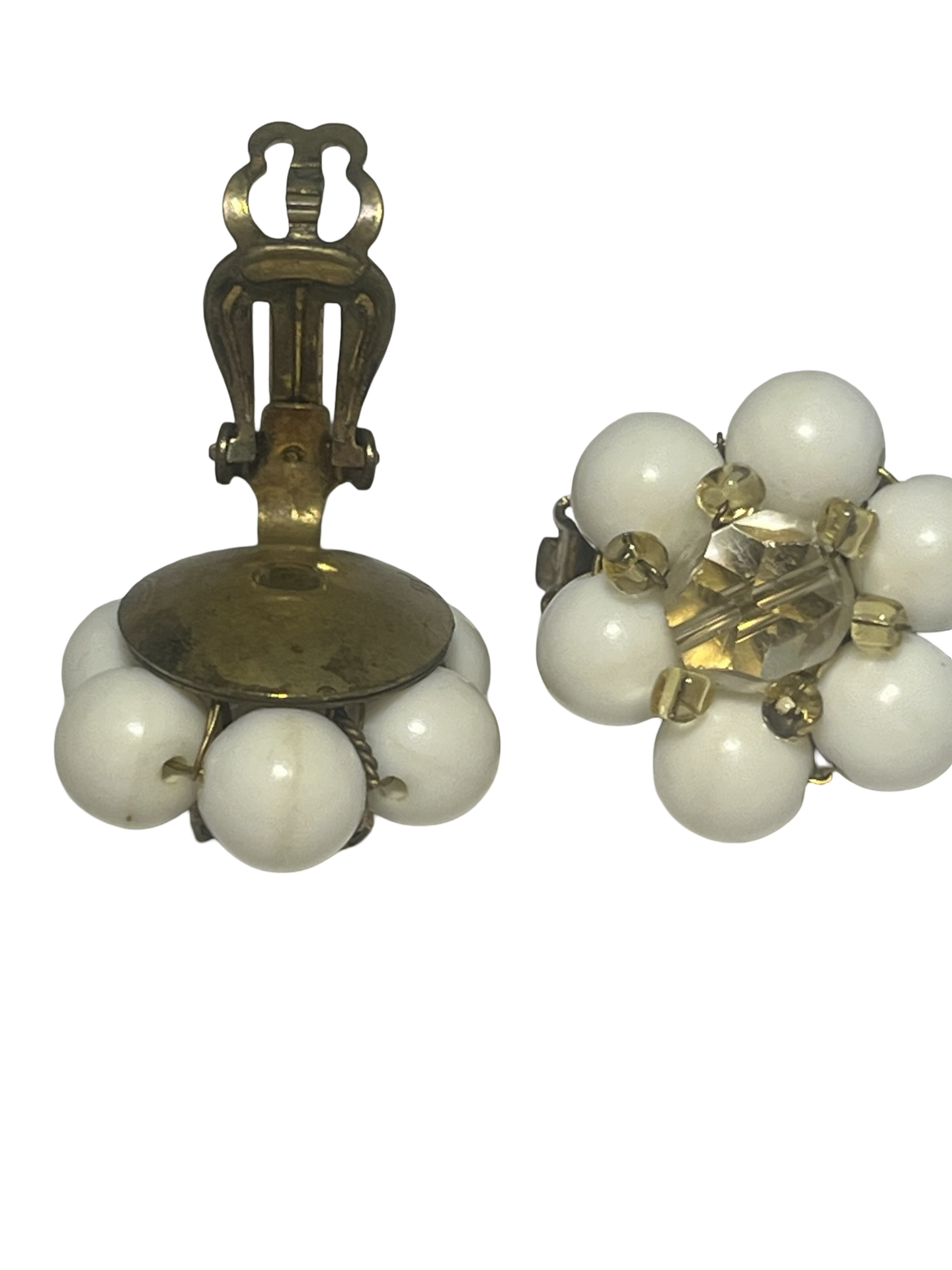 Vintage Japan White Bead &amp; Faceted Crystal Cluster Clip-On Earrings Gold Tone Mid Century