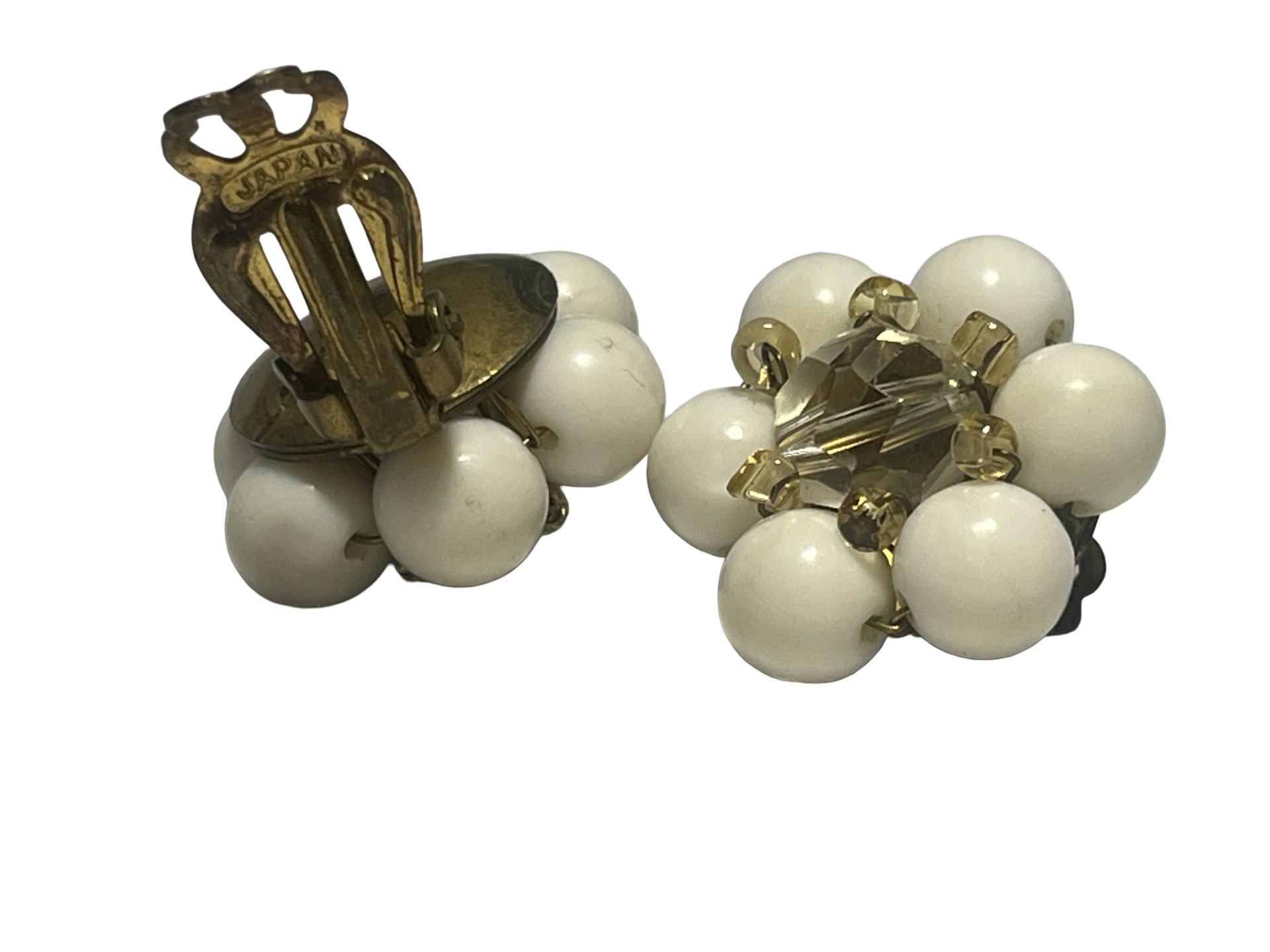Vintage Japan White Bead &amp; Faceted Crystal Cluster Clip-On Earrings Gold Tone Mid Century