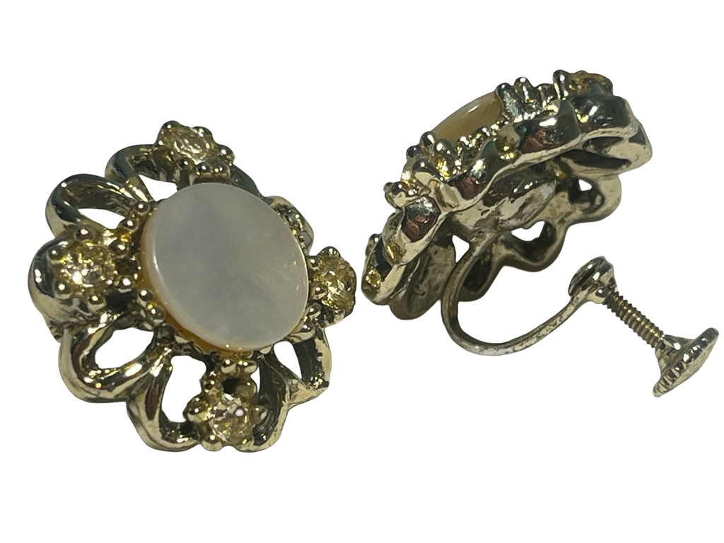 Vintage Gold Tone Faux Mother of Pearl Rhinestone Screw Back Earrings Floral Estate Jewelry