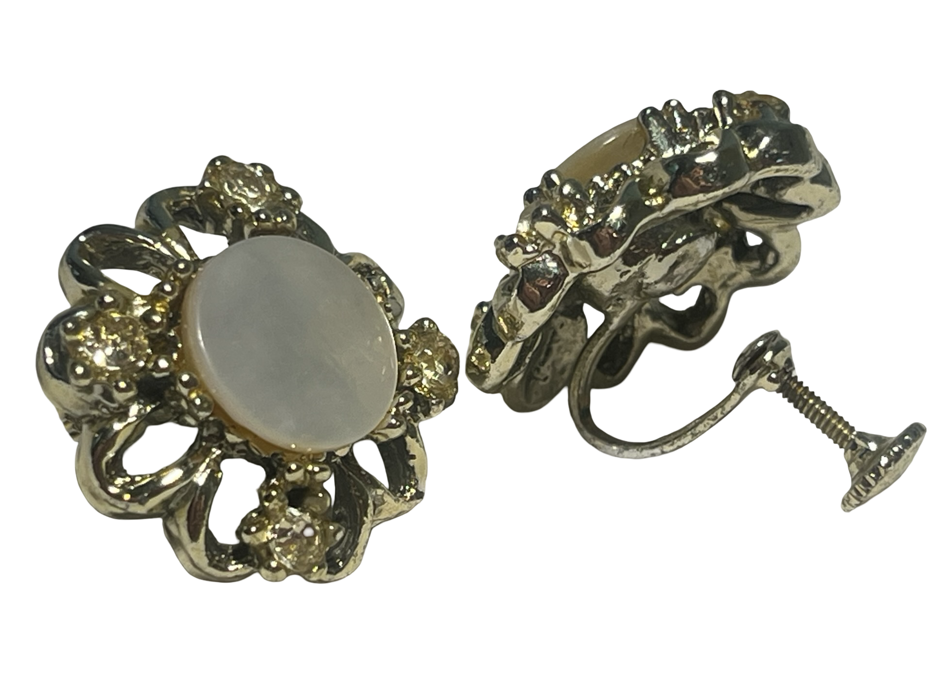 Vintage Gold Tone Faux Mother of Pearl Rhinestone Screw Back Earrings Floral Estate Jewelry