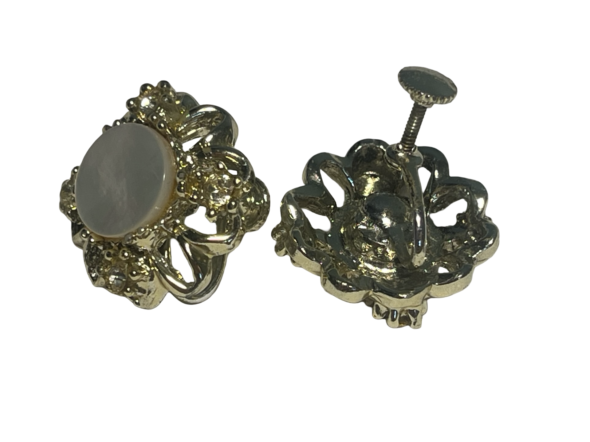 Vintage Gold Tone Faux Mother of Pearl Rhinestone Screw Back Earrings Floral Estate Jewelry