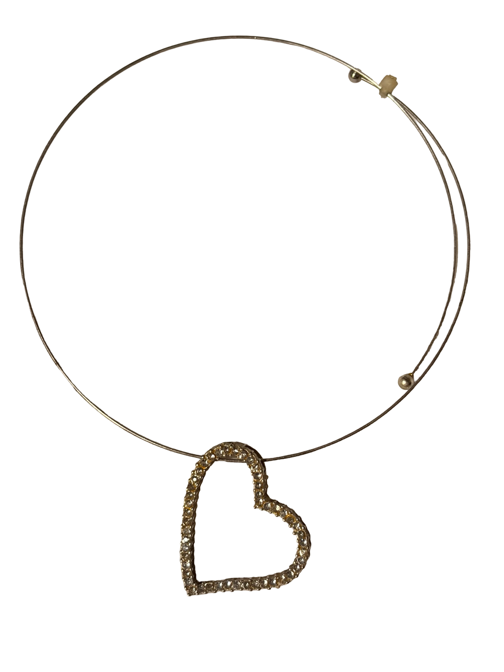 Minimalist Crystal Open Heart Pendant Necklace on Wire Collar Choker – Gold Tone Rhinestone Heart Statement Necklace