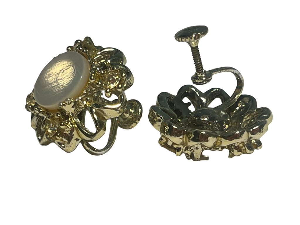 Vintage Gold Tone Faux Mother of Pearl Rhinestone Screw Back Earrings Floral Estate Jewelry