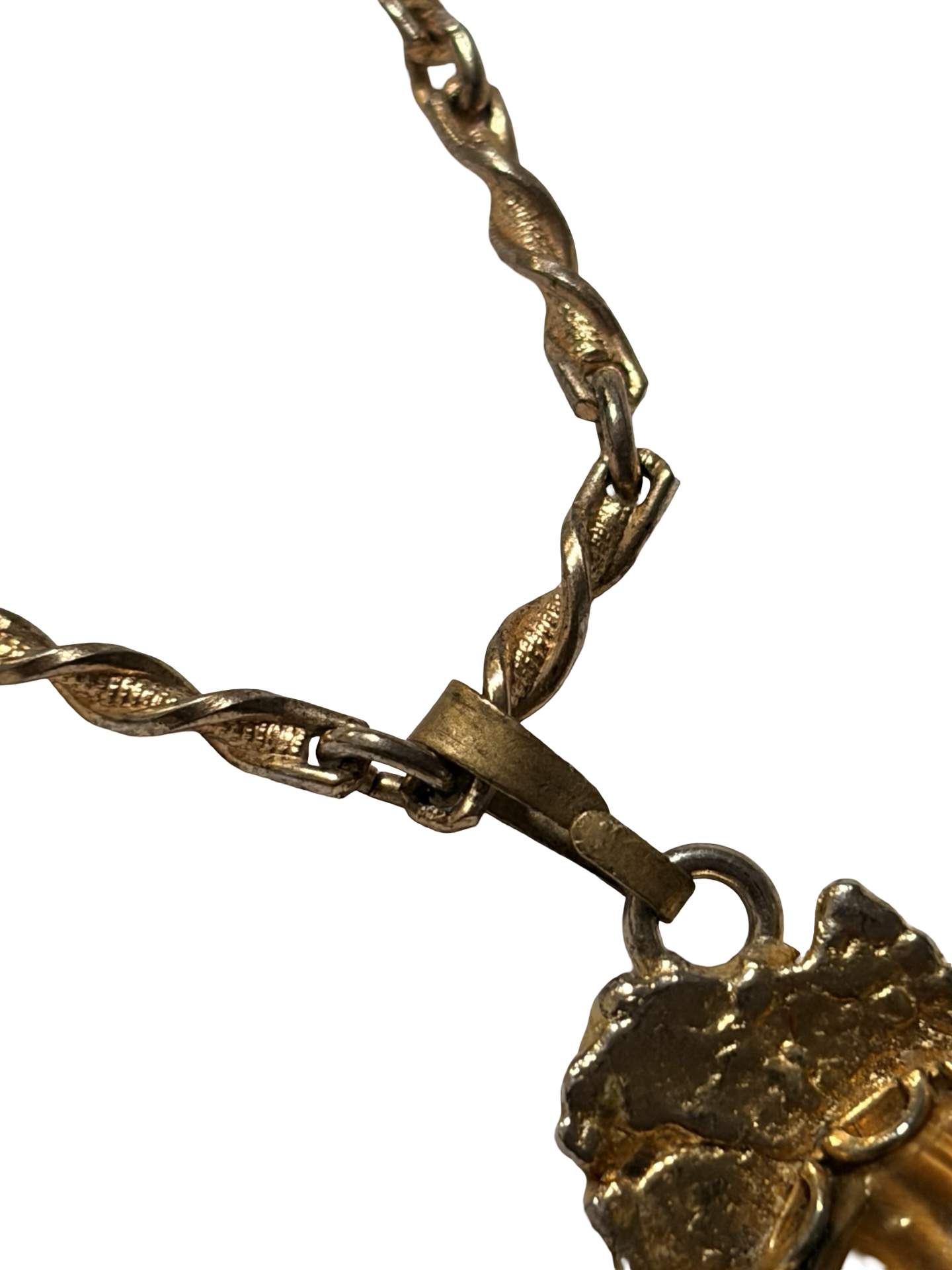 Vintage Tiger Eye Cabochon Pendant Necklace Gold Tone Twisted Chain Statement Jewelry