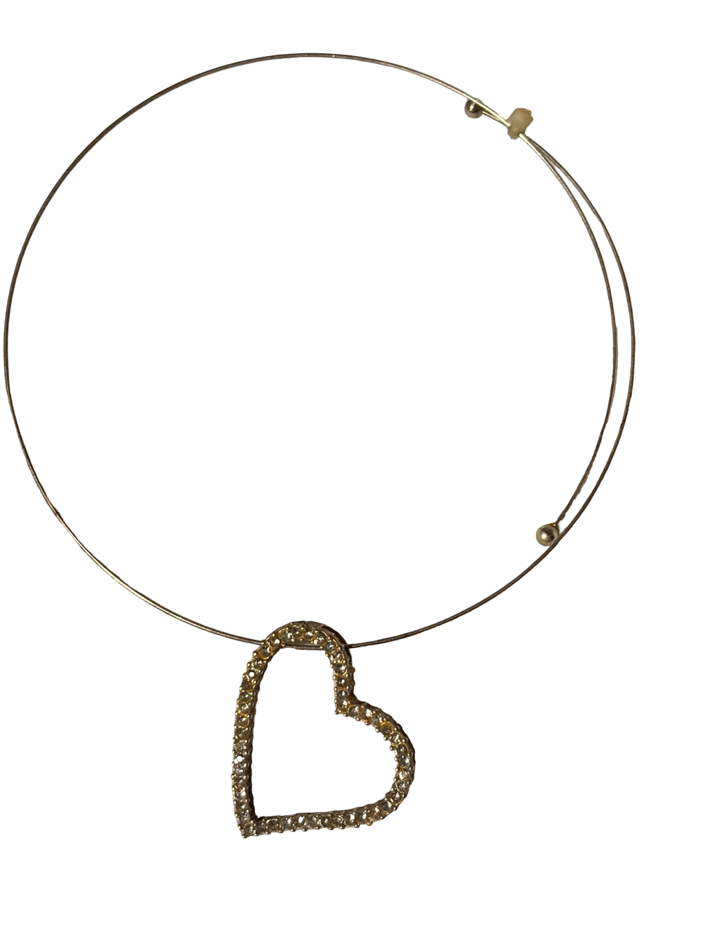 Minimalist Crystal Open Heart Pendant Necklace on Wire Collar Choker – Gold Tone Rhinestone Heart Statement Necklace