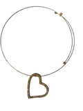 Minimalist Crystal Open Heart Pendant Necklace on Wire Collar Choker – Gold Tone Rhinestone Heart Statement Necklace