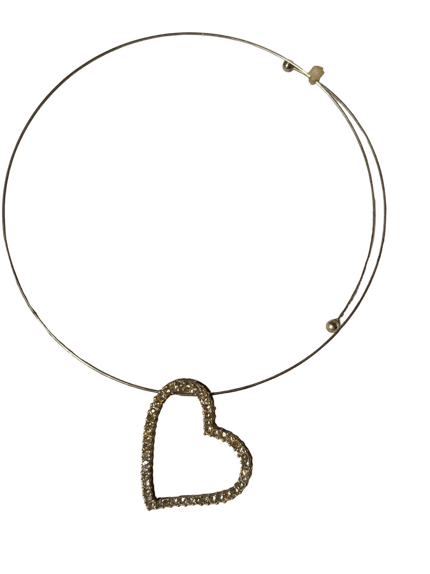 Minimalist Crystal Open Heart Pendant Necklace on Wire Collar Choker – Gold Tone Rhinestone Heart Statement Necklace