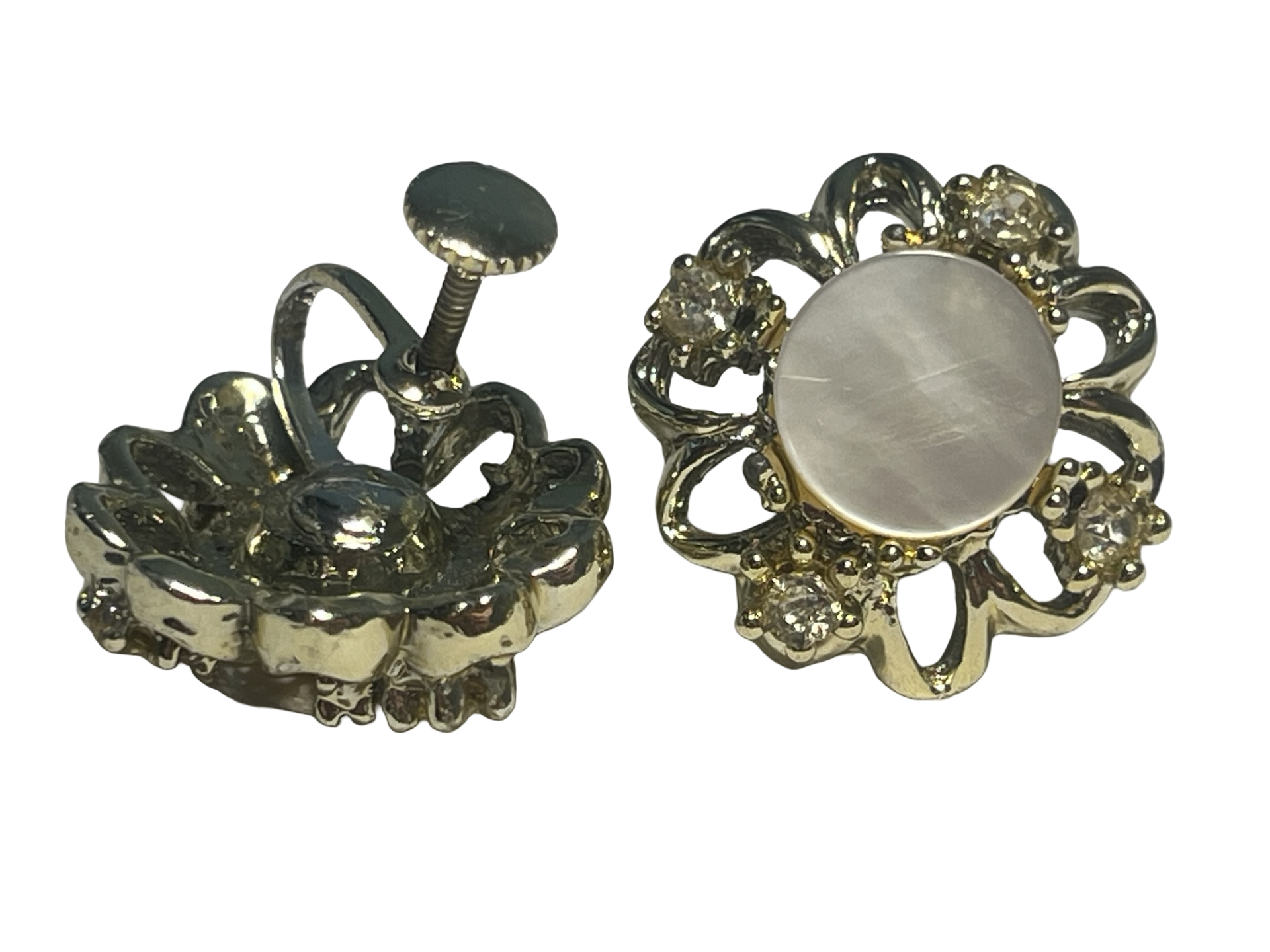 Vintage Gold Tone Faux Mother of Pearl Rhinestone Screw Back Earrings Floral Estate Jewelry