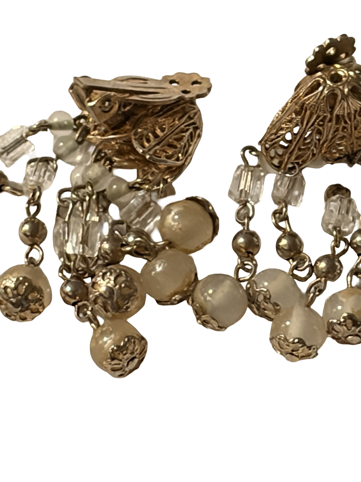 Vintage Silver Tone Filigree Teardrop Dangle Clip-On Earrings Elegant Openwork