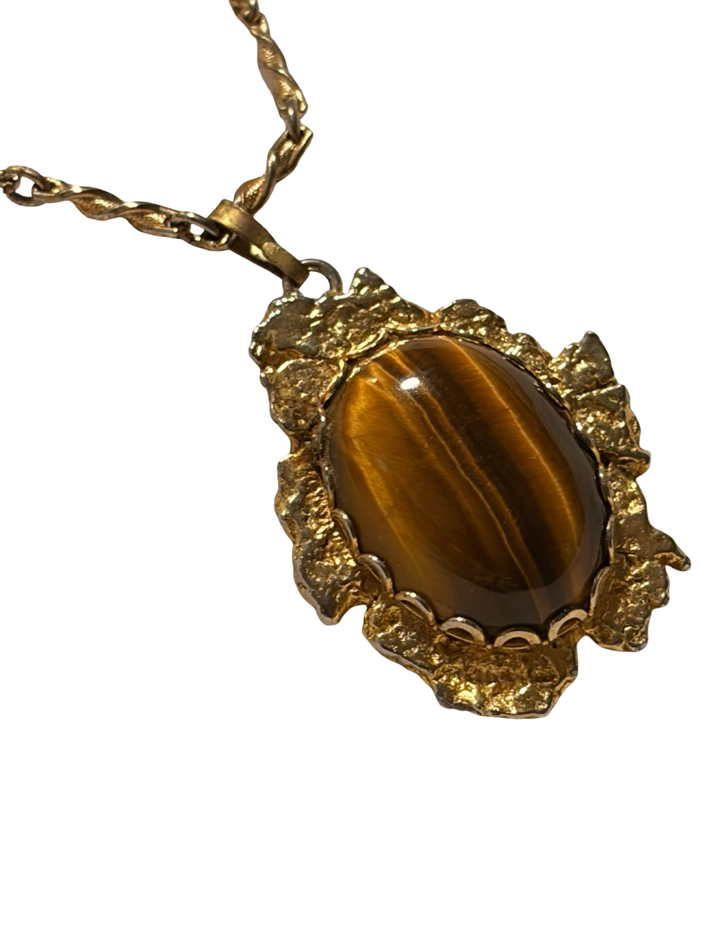 Vintage Tiger Eye Cabochon Pendant Necklace Gold Tone Twisted Chain Statement Jewelry