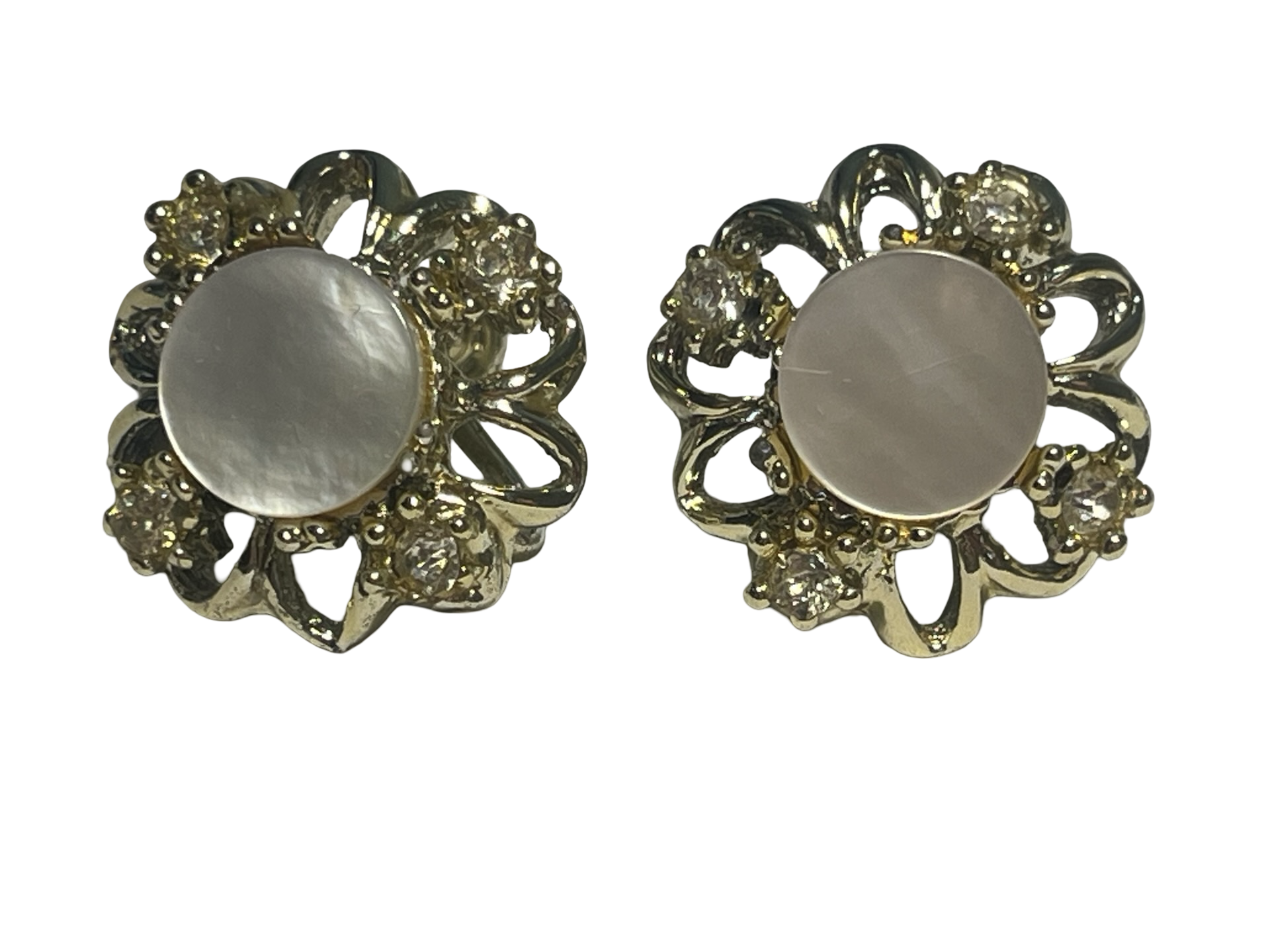 Vintage Gold Tone Faux Mother of Pearl Rhinestone Screw Back Earrings Floral Estate Jewelry