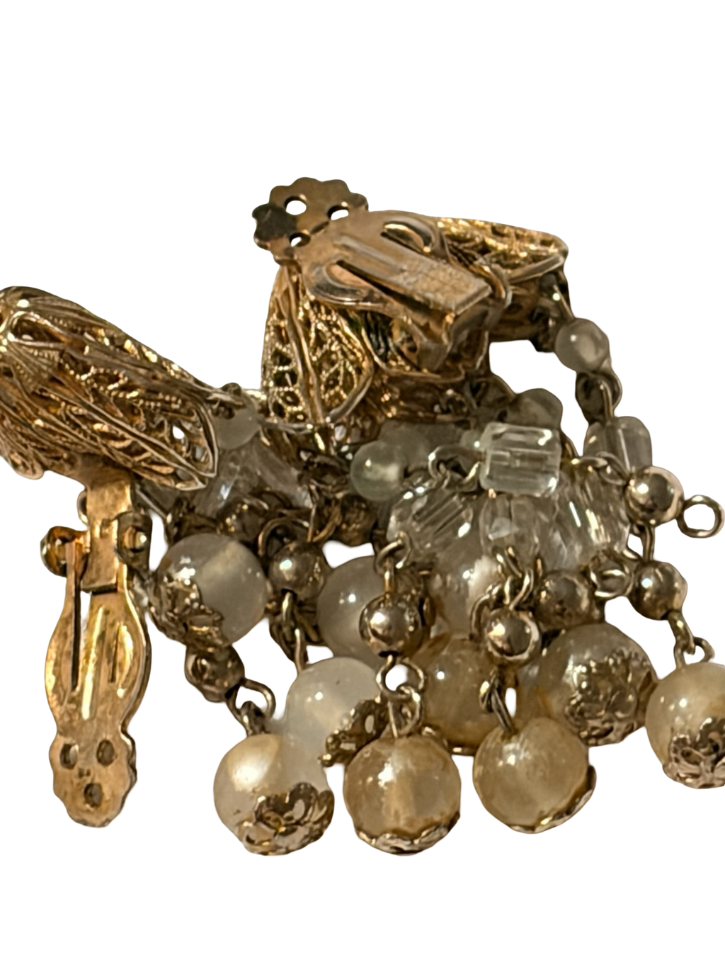 Vintage Silver Tone Filigree Teardrop Dangle Clip-On Earrings Elegant Openwork