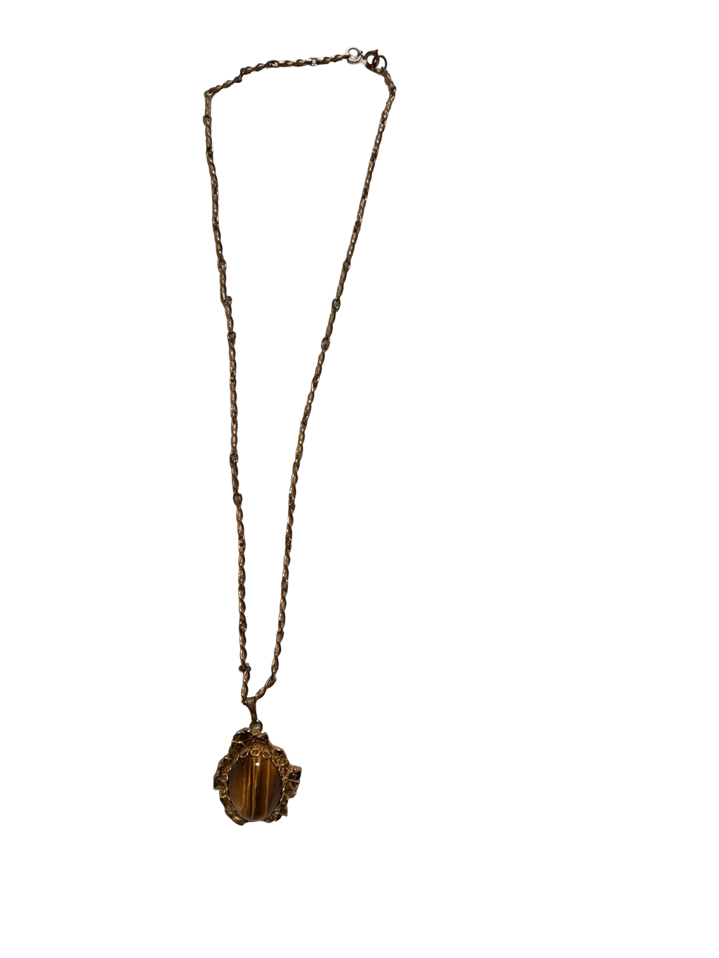 Vintage Tiger Eye Cabochon Pendant Necklace Gold Tone Twisted Chain Statement Jewelry