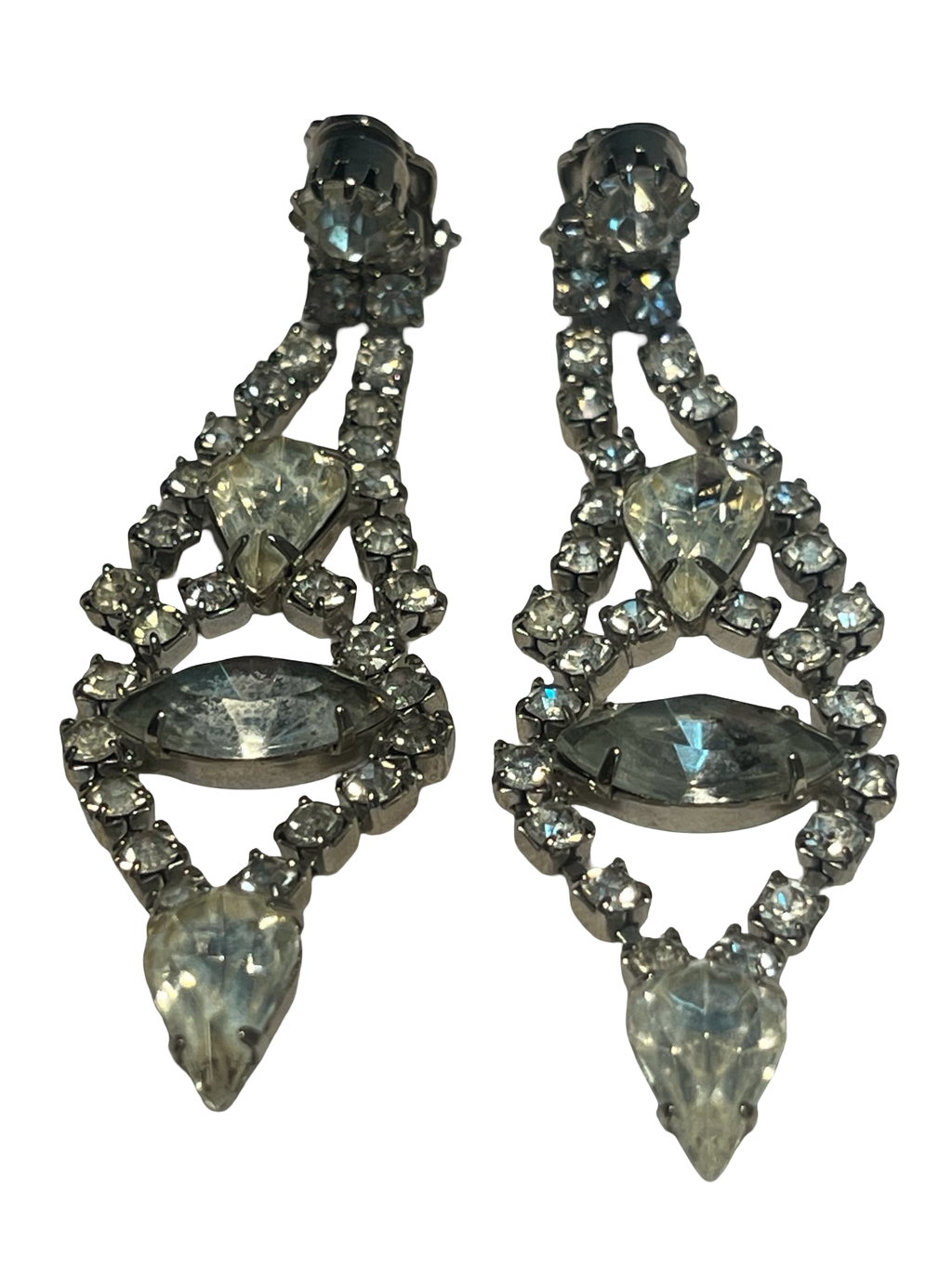 Vintage Rhinestone Dangle Clip-On Earrings Clear Marquise Glass Stones Silver Tone Mid Century