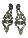 Vintage Rhinestone Dangle Clip-On Earrings Clear Marquise Glass Stones Silver Tone Mid Century