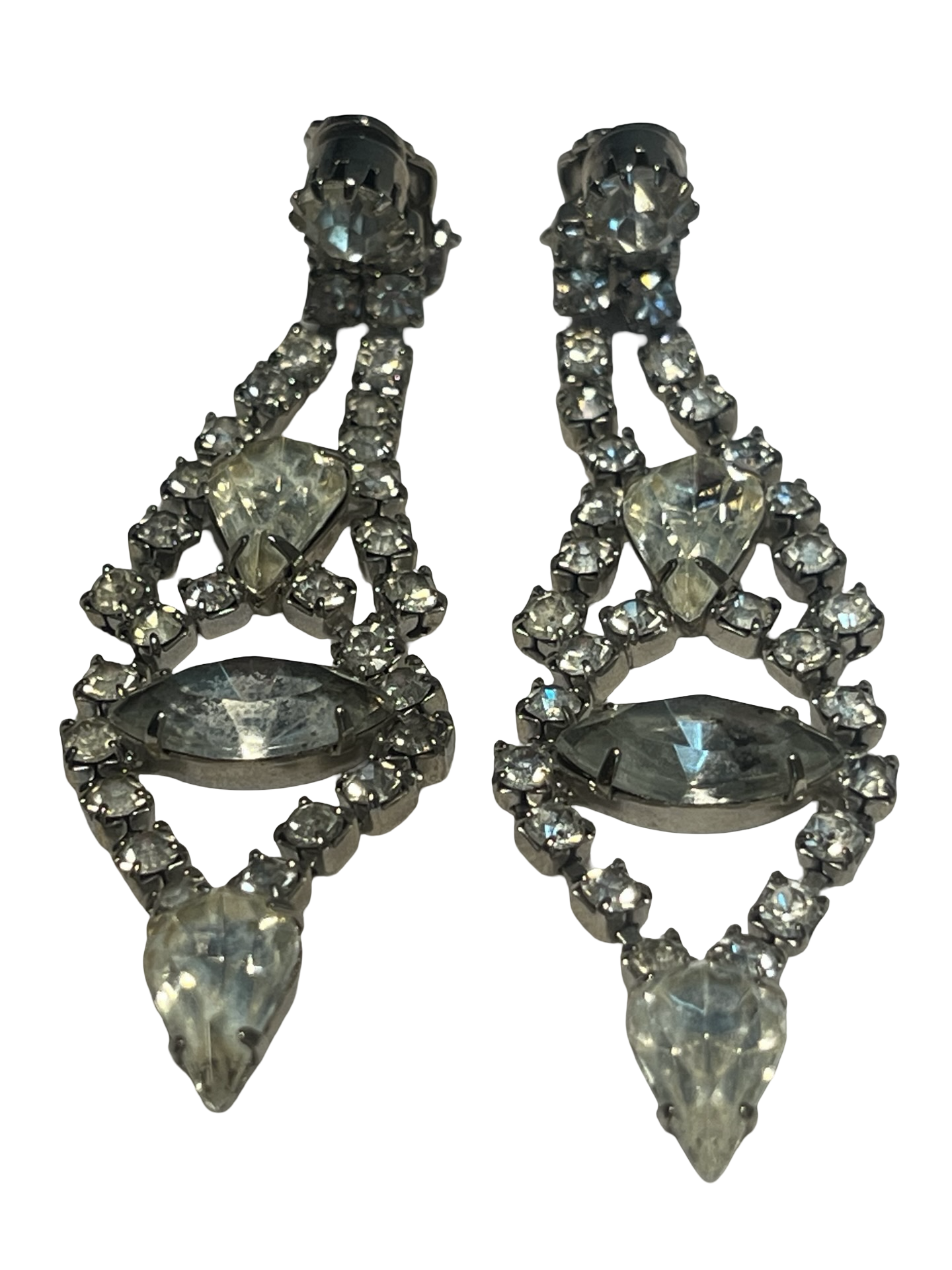 Vintage Rhinestone Dangle Clip-On Earrings Clear Marquise Glass Stones Silver Tone Mid Century