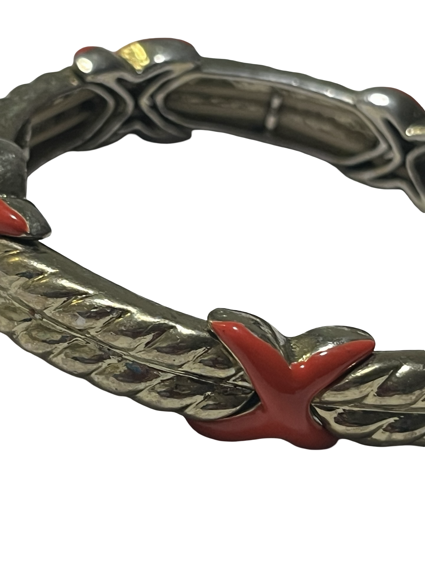 Vintage Silver-Tone &amp; Red Enamel leaf link bracelet