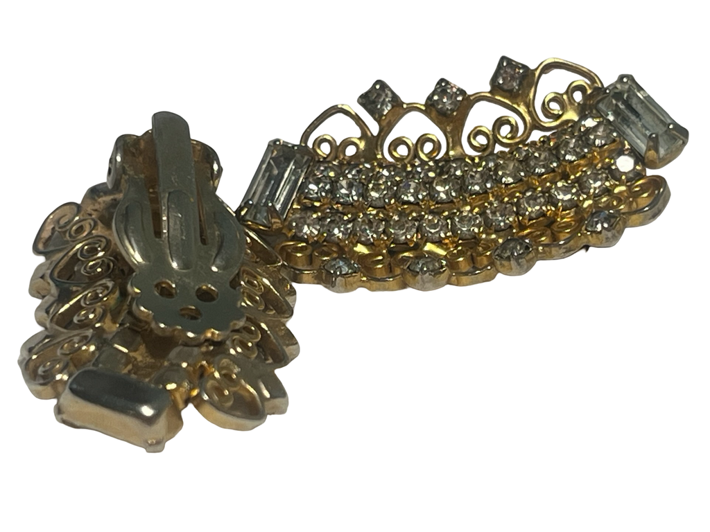 Vintage Gold Tone Clear Rhinestone Clip-On Earrings Art Deco Scroll Baguette Crystal Estate