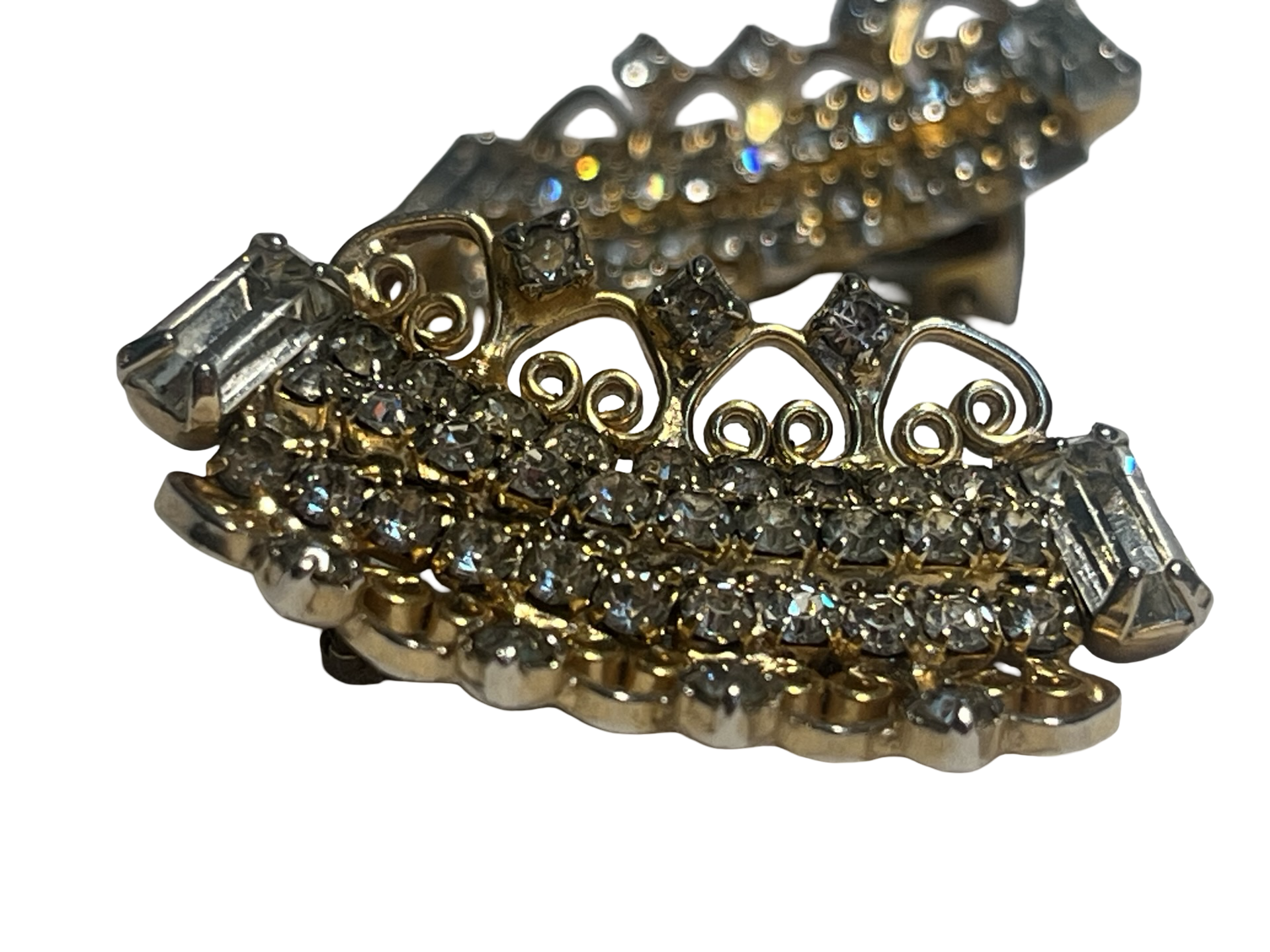 Vintage Gold Tone Clear Rhinestone Clip-On Earrings Art Deco Scroll Baguette Crystal Estate