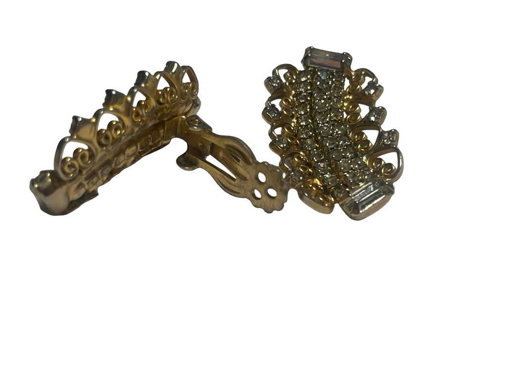 Vintage Gold Tone Clear Rhinestone Clip-On Earrings Art Deco Scroll Baguette Crystal Estate
