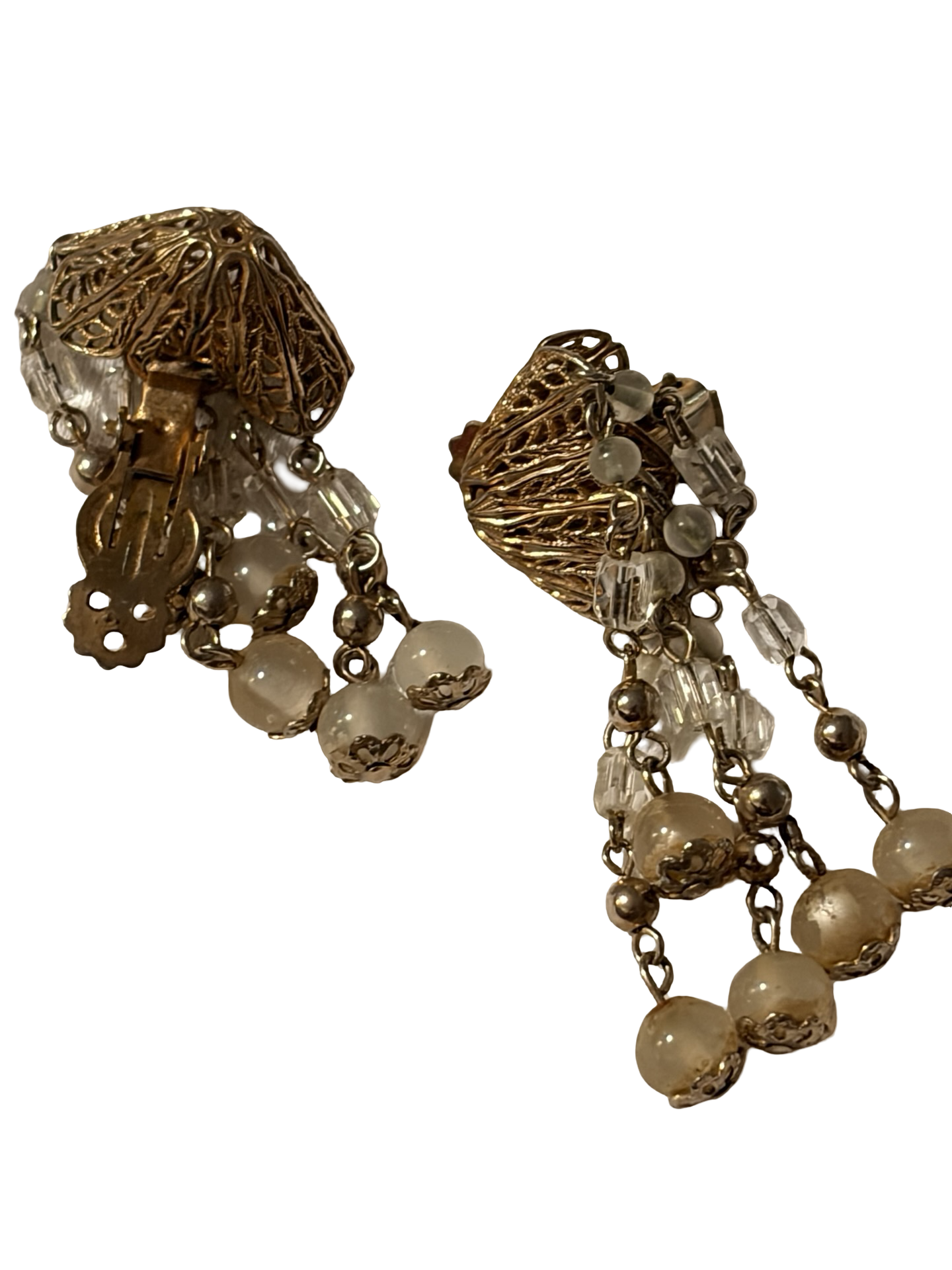 Vintage Silver Tone Filigree Teardrop Dangle Clip-On Earrings Elegant Openwork