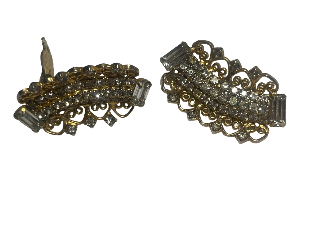 Vintage Gold Tone Clear Rhinestone Clip-On Earrings Art Deco Scroll Baguette Crystal Estate