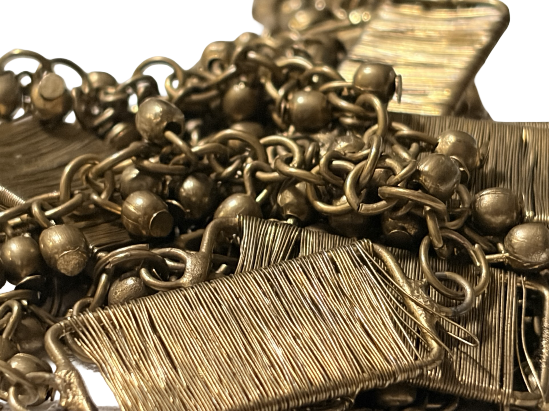 Vintage Brass Tone Wrapped Wire Panel &amp; Bell Chain Statement Necklace