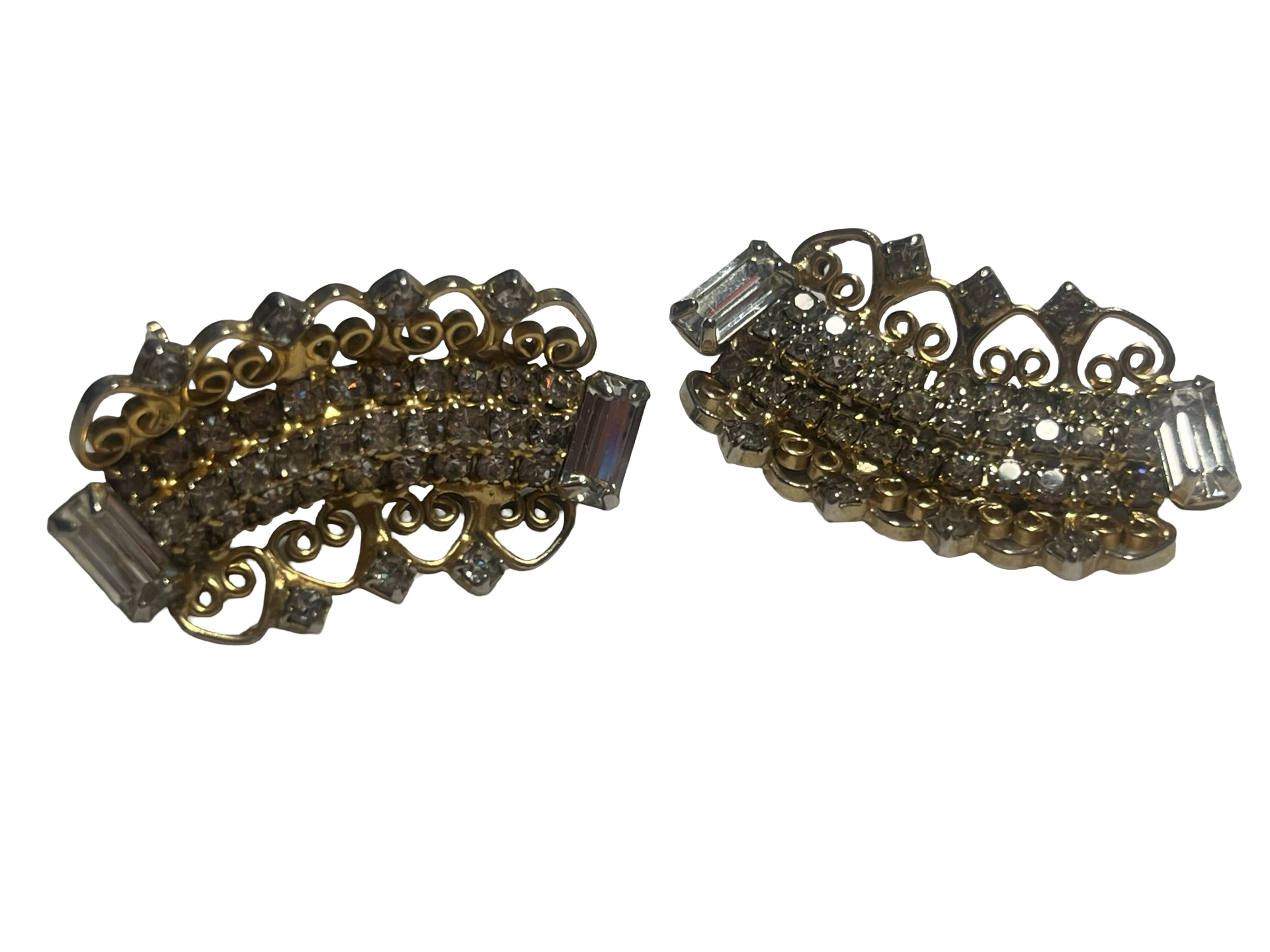 Vintage Gold Tone Clear Rhinestone Clip-On Earrings Art Deco Scroll Baguette Crystal Estate