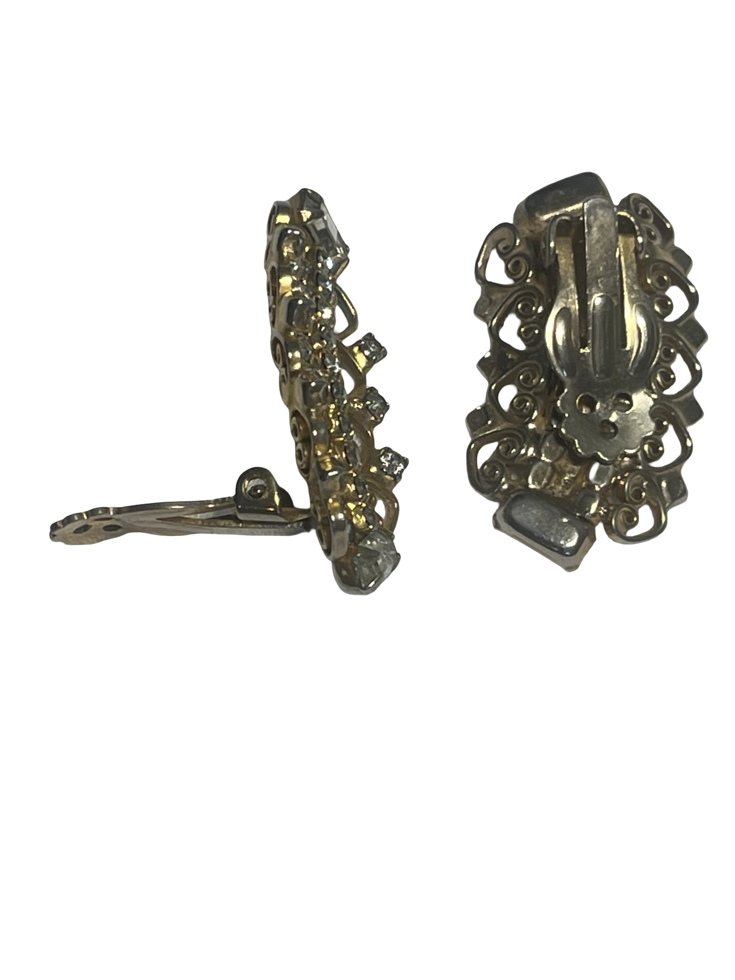 Vintage Gold Tone Clear Rhinestone Clip-On Earrings Art Deco Scroll Baguette Crystal Estate