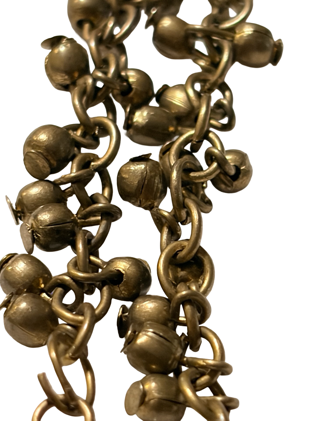 Vintage Brass Tone Wrapped Wire Panel &amp; Bell Chain Statement Necklace