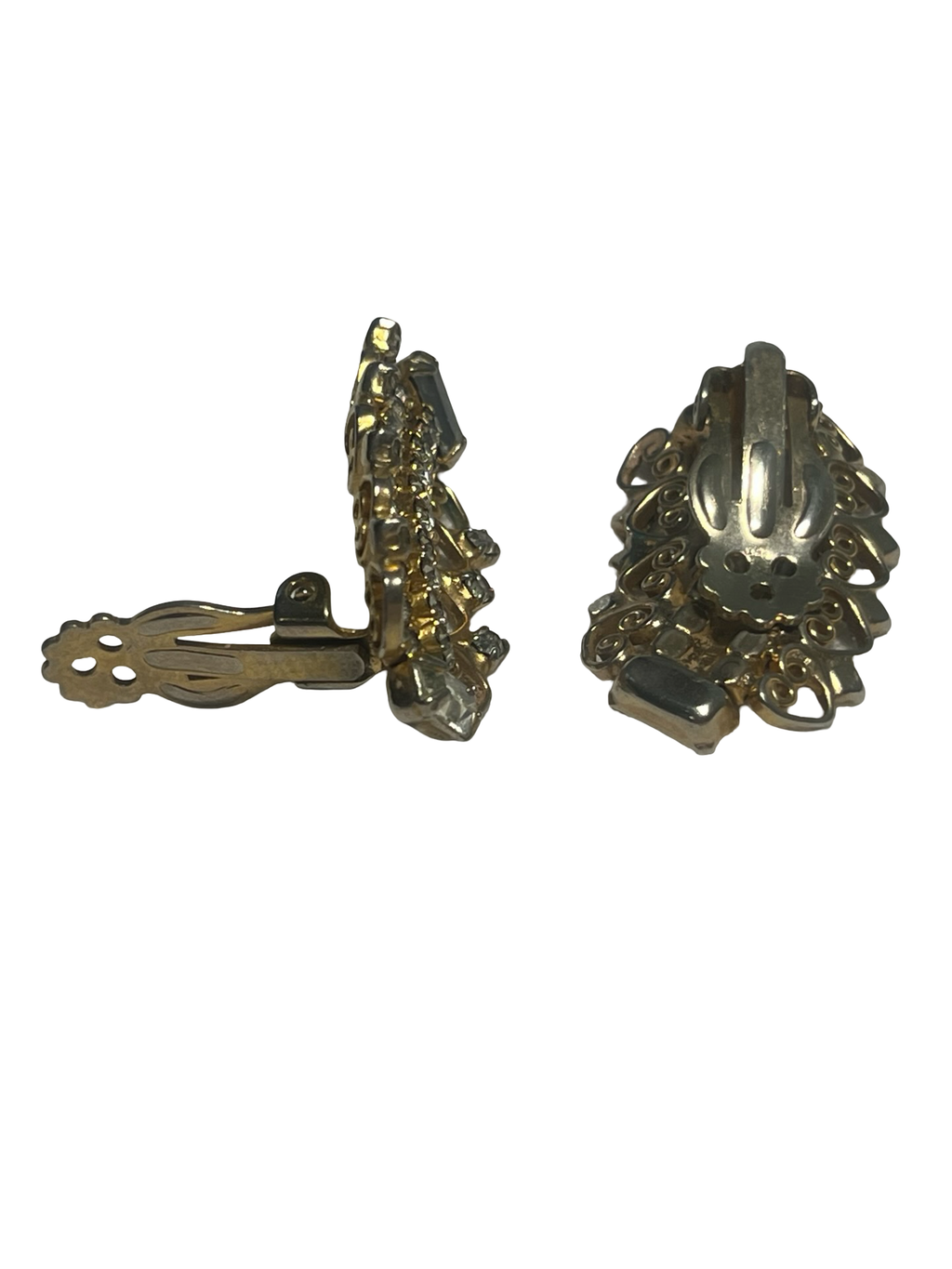 Vintage Gold Tone Clear Rhinestone Clip-On Earrings Art Deco Scroll Baguette Crystal Estate