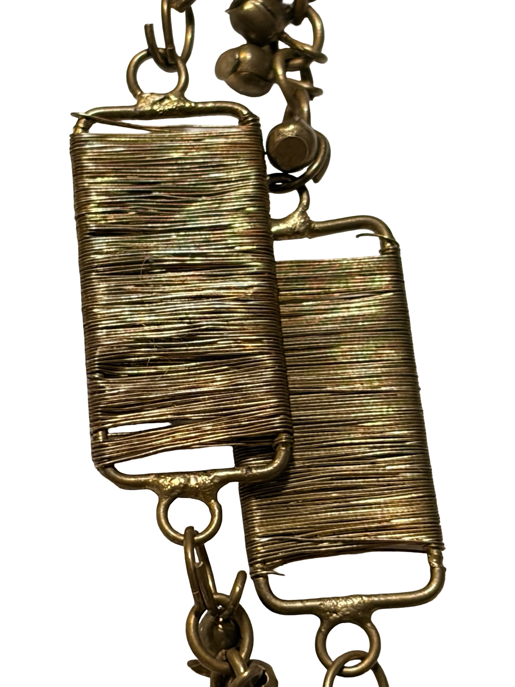 Vintage Brass Tone Wrapped Wire Panel &amp; Bell Chain Statement Necklace